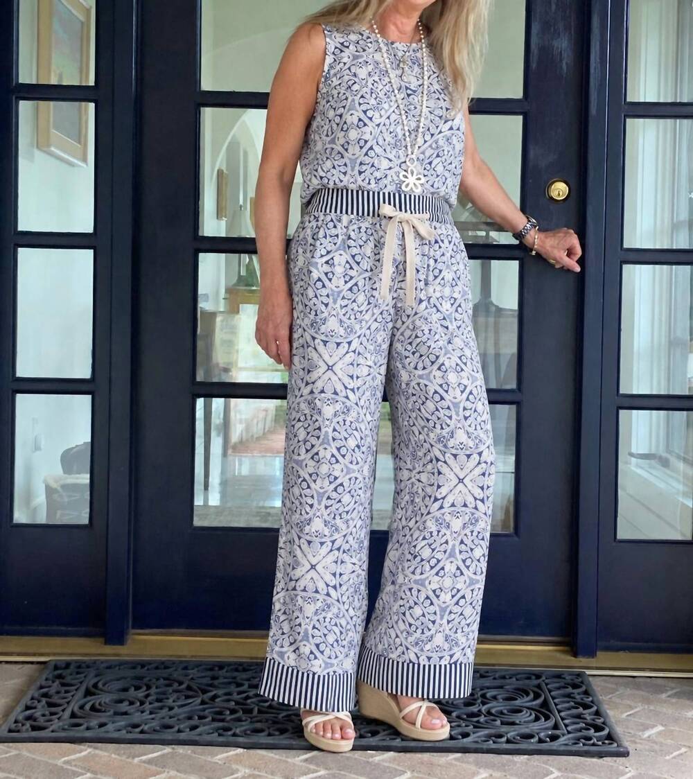 NEW SHE + SKY mediterranean tile print wide leg pant set in multi